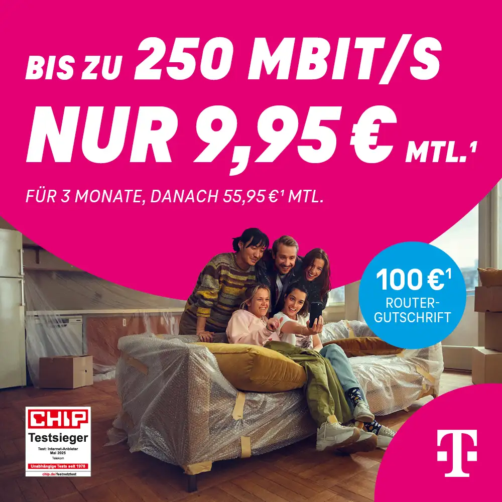 Telekom Festnetz-Aktion bis 02.02.2026 – MagentaZuhause XL mit 250 Mbit/s für 9,95 € mtl. und 100 € Router-Gutschrift.