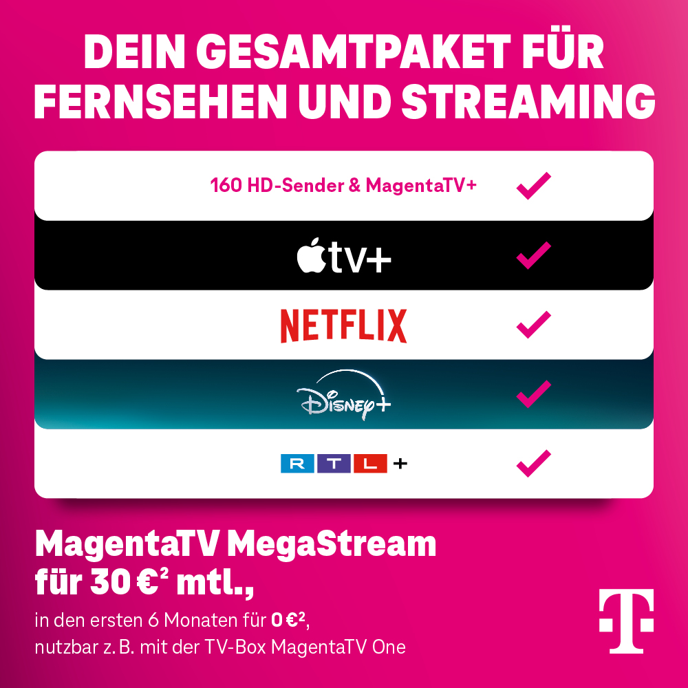 Telekom MagentaTV MegaStream Angebot: 160 HD-Sender, Apple TV+, Netflix, Disney+ und RTL+ inklusive – jetzt 6 Monate gratis, danach 30 € monatlich.