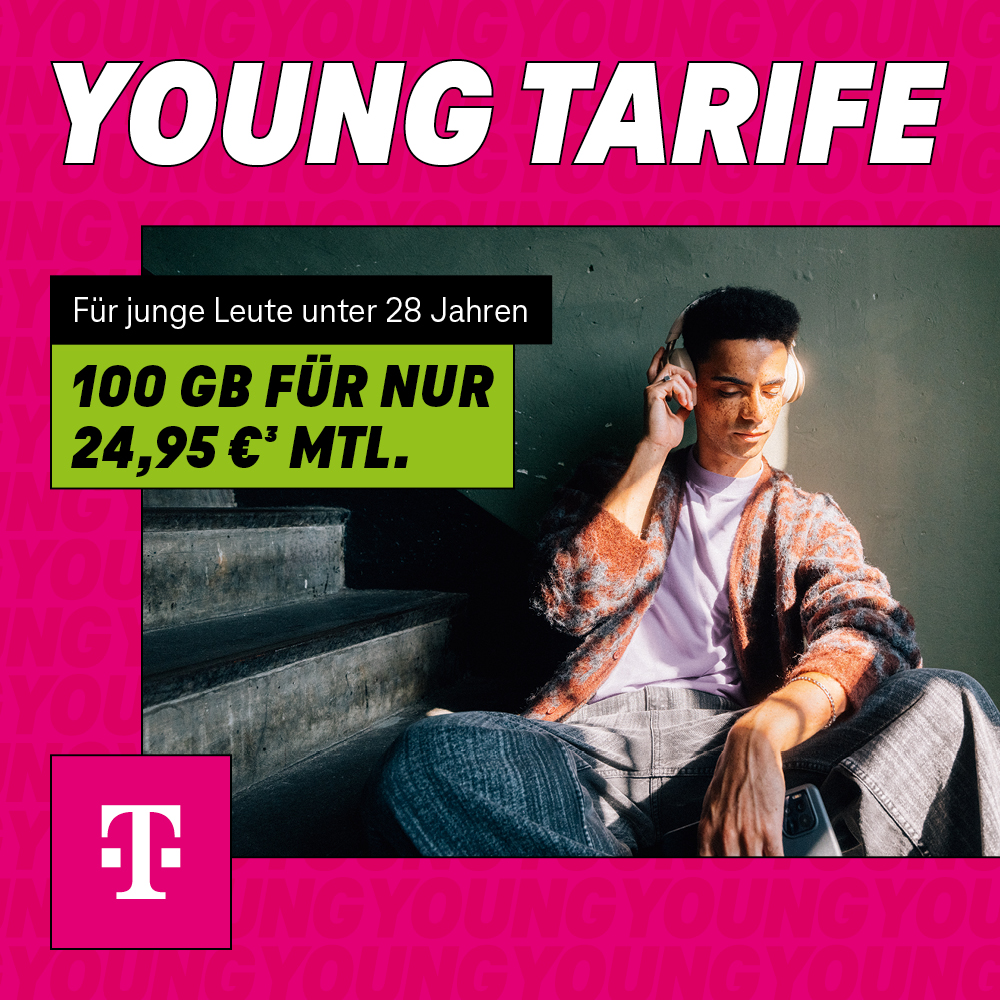 Telekom MagentaMobil M Young Angebot Q4 2025 – 100 GB für 24,95 € monatlich, exklusiv für junge Leute unter 28 Jahren.