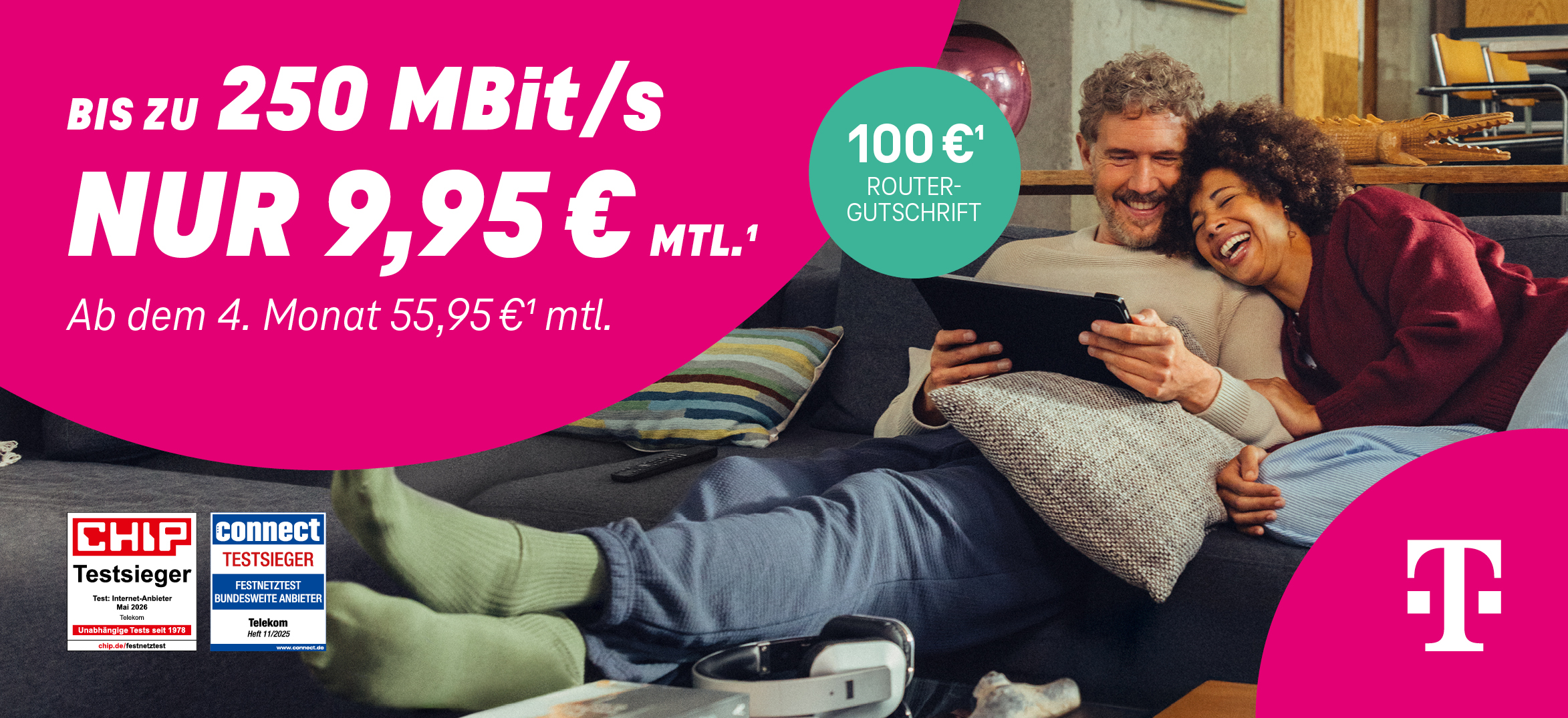 Telekom Festnetz-Aktion bis 30.09.2026 – MagentaZuhause XL mit 250 Mbit/s für 9,95 € mtl. und 100 € Router-Gutschrift.