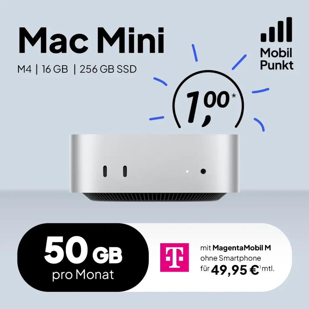 Mac mini für 1 € mit M4, 16 GBRam, 256 GB Speicher im Telekom MagentaMobil M Tarif (50 GB 5G). Exklusives Angebot von Telekom Partner OWL, gültig bis zum 31.03.2026.