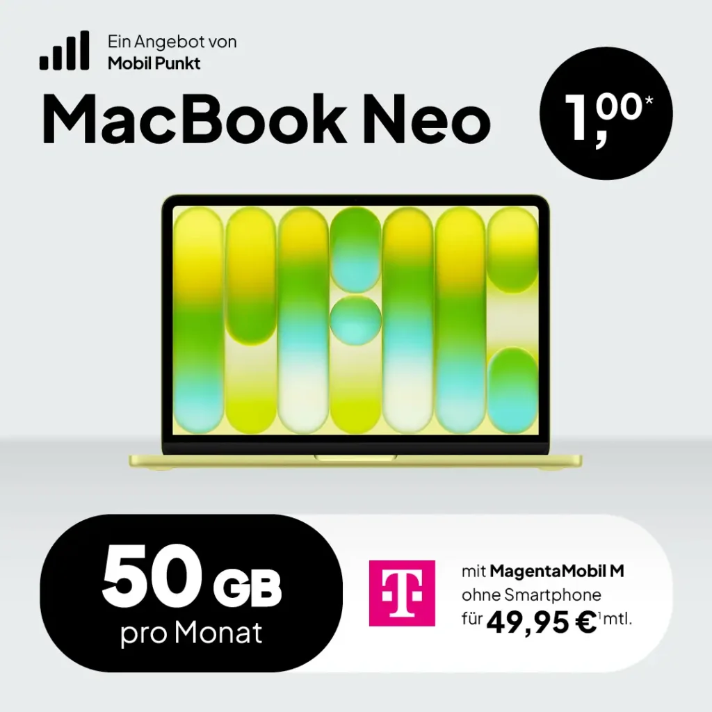 MacBook Neo für 1 € mit 256 GB Speicher im Telekom MagentaMobil M Tarif (50 GB 5G). Exklusives Angebot von Telekom Partner OWL, gültig bis zum 31.03.2026.