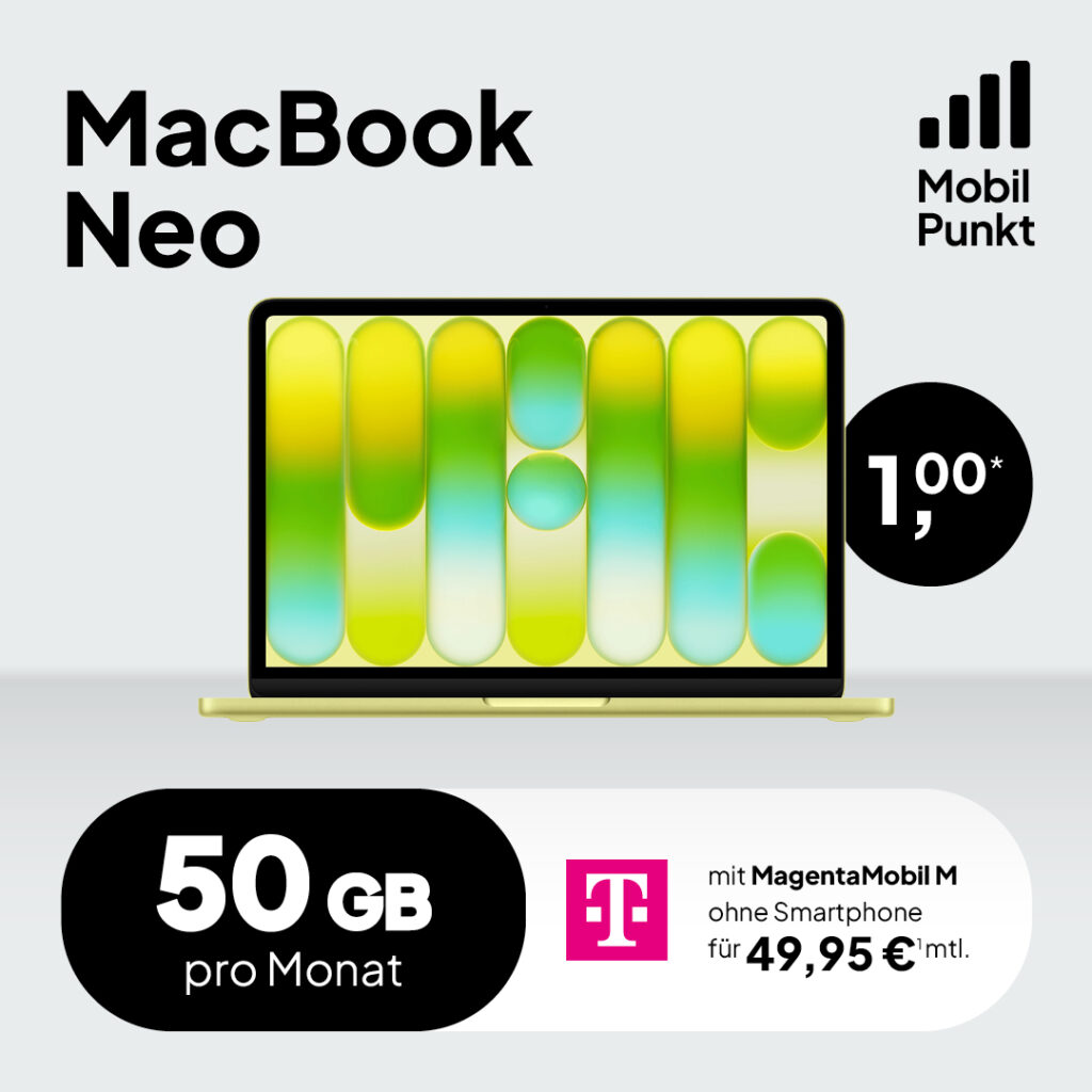 MacBook Neo für 1 € mit 256 GB Speicher im Telekom MagentaMobil M Tarif (50 GB 5G). Exklusives Angebot von Telekom Partner OWL, gültig bis zum 31.03.2026.