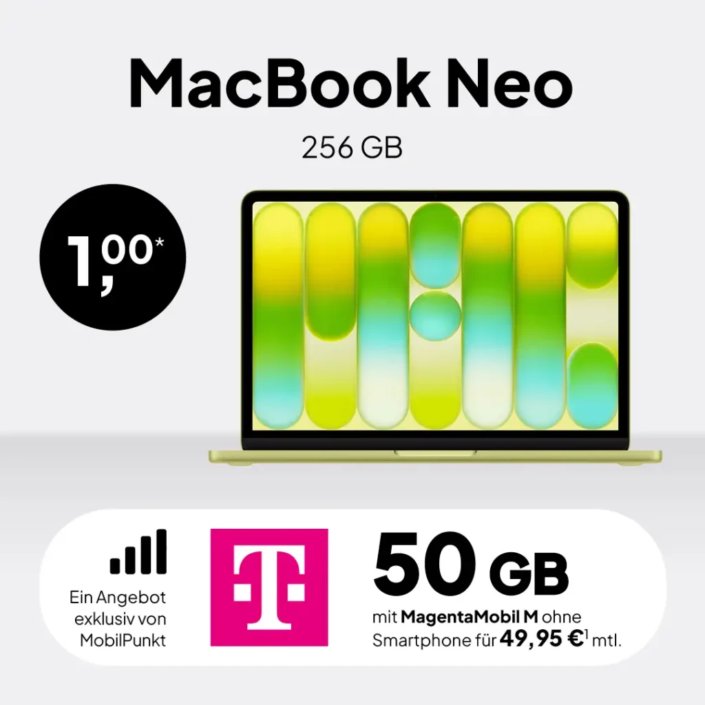 MacBook Neo 256 GB für 1 Euro im Telekom MagentaMobil M Tarif (50 GB 5G). Exklusives Angebot von Telekom Partner OWL, gültig bis zum 31.03.2026.