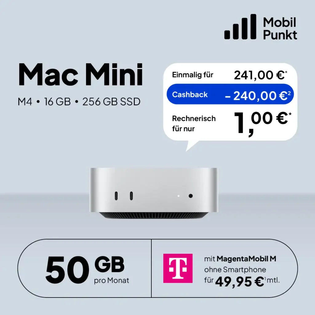 Mac mini für 1 € mit M4, 16 GBRam, 256 GB Speicher im Telekom MagentaMobil M Tarif (50 GB 5G). Exklusives Angebot von Telekom Partner OWL, gültig bis zum 31.03.2026.