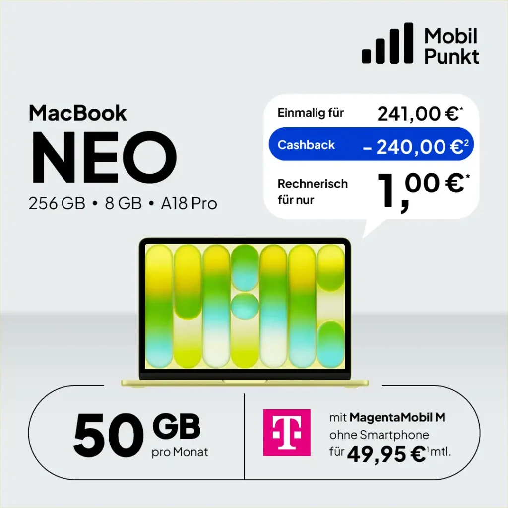MacBook Neo für 1 € mit 256 GB Speicher im Telekom MagentaMobil M Tarif (50 GB 5G). Exklusives Angebot von Telekom Partner OWL, gültig bis zum 31.03.2026.