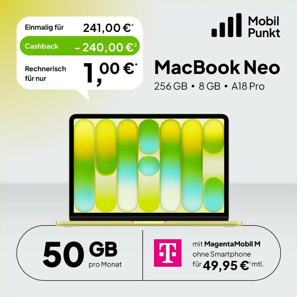 MacBook Neo für 1 € mit 256 GB Speicher im Telekom MagentaMobil M Tarif (50 GB 5G). Exklusives Angebot von Telekom Partner OWL, gültig bis zum 30.09.2026.